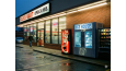 Row of vending machines in front of a convenience store.