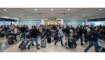 Busy airport terminal with people walking past public restrooms.
