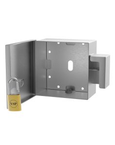 Interior view of lock box showing 8x8 usable space and padlock mounting