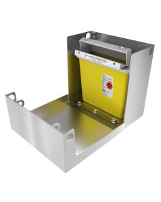 Sharps enclosure open with Covidien container installed