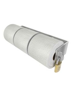 Non-shrouded stainless steel three roll toilet paper dispenser with padlock front isometric view