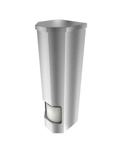 Isometric view of vertical stainless steel 4-roll toilet paper dispenser with padlock.