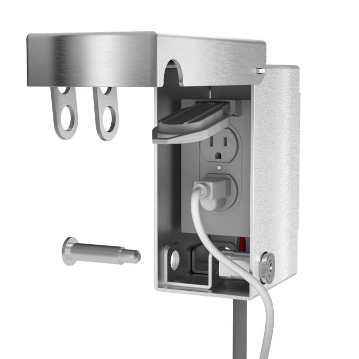 Front view open showing outlet compartment with cross bar lock access