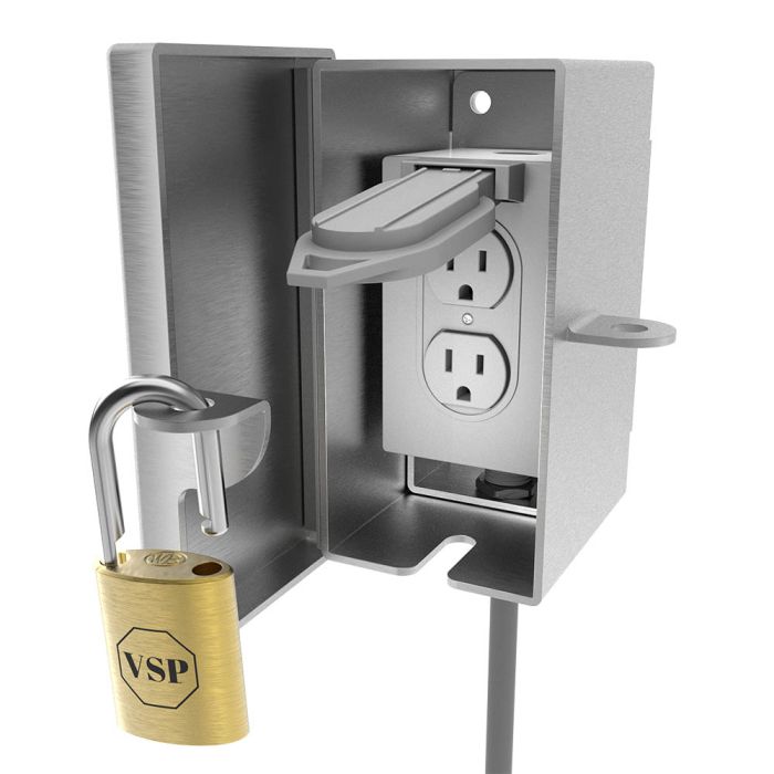 Front view open showing internal compartment for outlet box