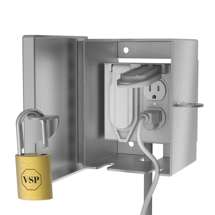 Front view open showing internal cavity for double-gang outlet