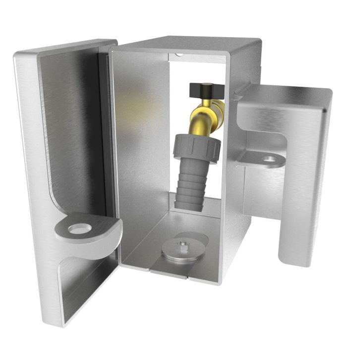 Hose bib lock box open showing faucet and internal space