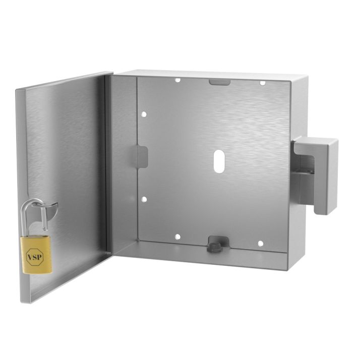 Open lock box showing large 12x12 interior compartment with secure backplate