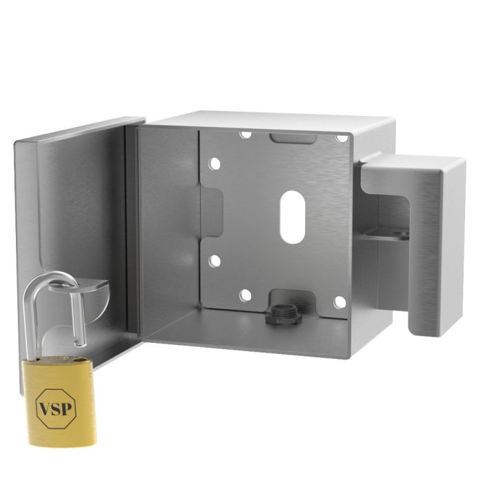 Open view of lock box showing internal compartment and padlock mount