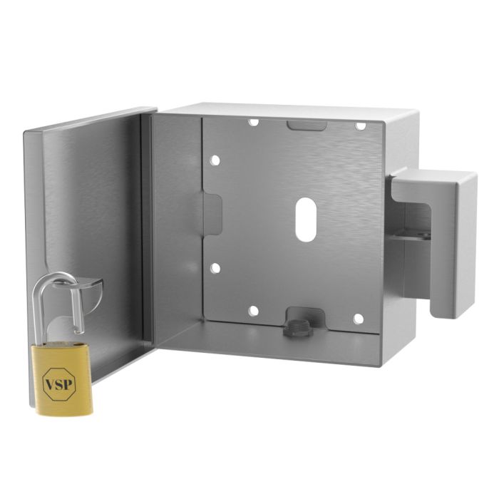 Interior view of lock box showing 8x8 usable space and padlock mounting