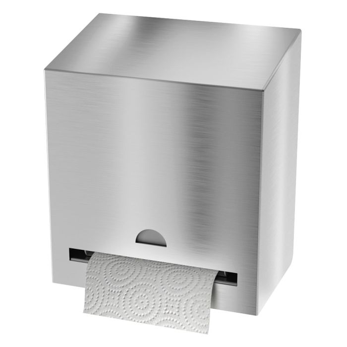 Stainless steel automatic paper towel dispenser front view,Inside view showing roll holder and electronic module,,Rear view with 3/8” mounting holes visible,Bottom perspective showing towel slot and sensor area,Close-up image of hidden padlock mechanism u