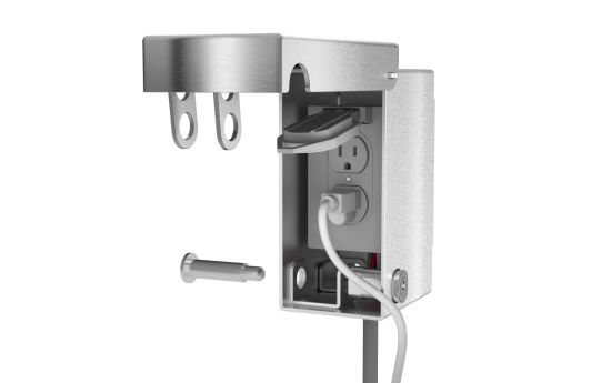 Front view open showing outlet compartment with cross bar lock access