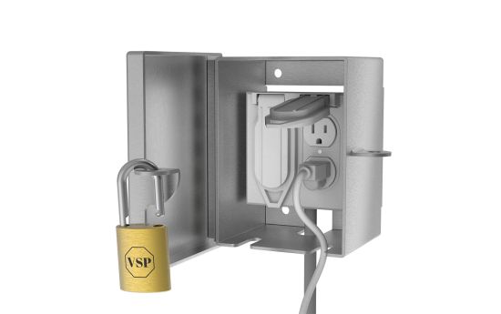 Front view open showing internal cavity for double-gang outlet