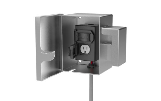 Open view showing single gang duplex outlet and conduit access