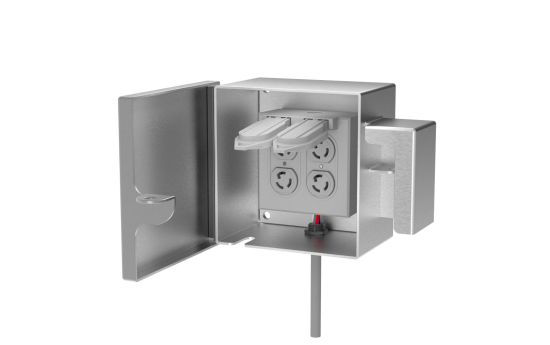 Open view showing double gang duplex outlet installed inside stainless enclosure