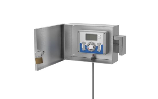 Open sprinkler lock box with timer mounted and conduit connected