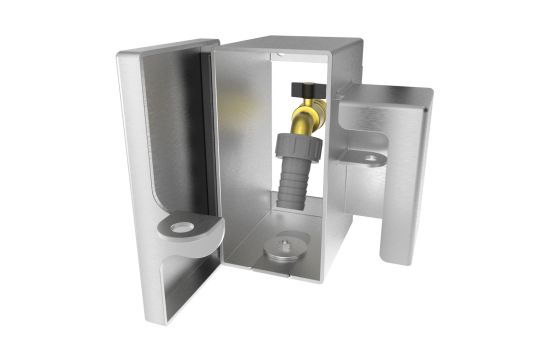 Hose bib lock box open showing faucet and internal space