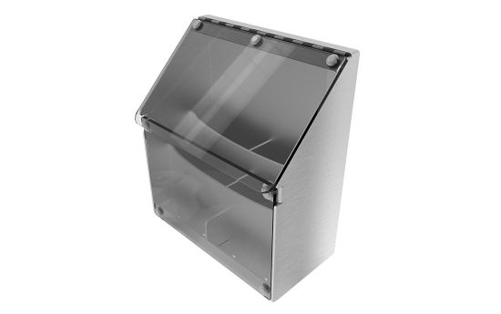 Front view of AA-K100 stainless steel brochure holder with clear Plexiglas lid