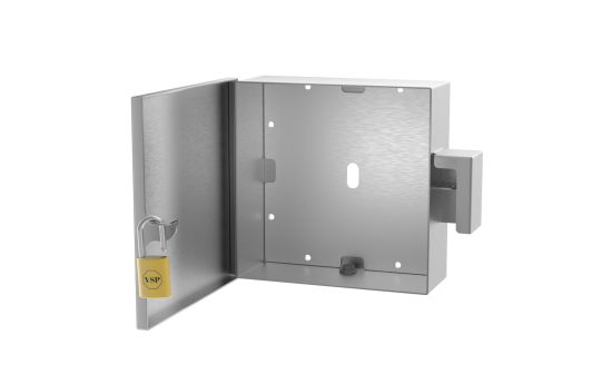 Open lock box showing large 12x12 interior compartment with secure backplate