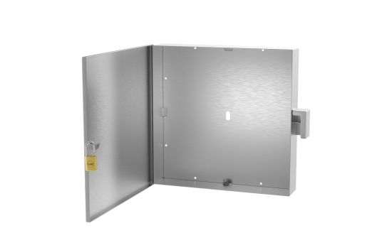 Open front view showing large internal 24x24 space and rear access panel