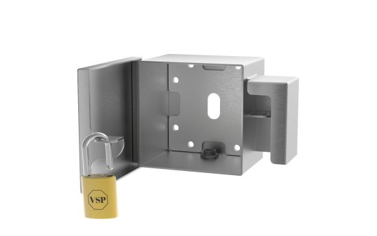 Open view of lock box showing internal compartment and padlock mount