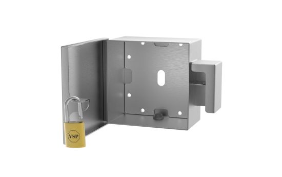 Interior view of lock box showing 8x8 usable space and padlock mounting