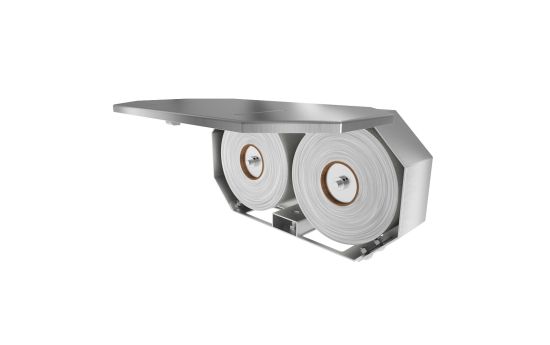 Interior layout showing two 9” mini jumbo roll capacity and paper compatibility