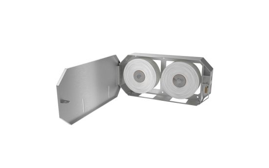 Interior layout of the dispenser showing roll placement and paper compatibility