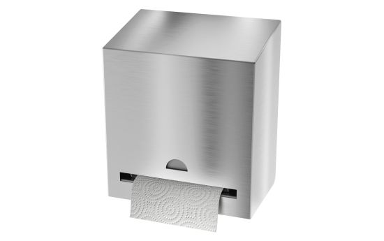 Stainless steel automatic paper towel dispenser front view,Inside view showing roll holder and electronic module,,Rear view with 3/8” mounting holes visible,Bottom perspective showing towel slot and sensor area,Close-up image of hidden padlock mechanism u