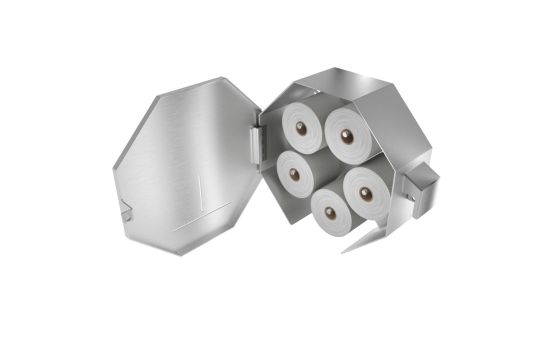 Internal layout showcasing the five-roll capacity and universal paper compatibility
