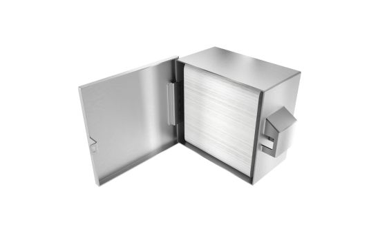 Open dispenser showing capacity for two towel packs
