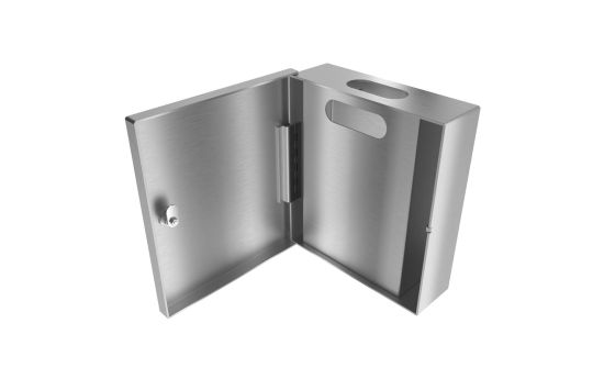 Open view of receptacle with feminine hygiene liner bag inserted