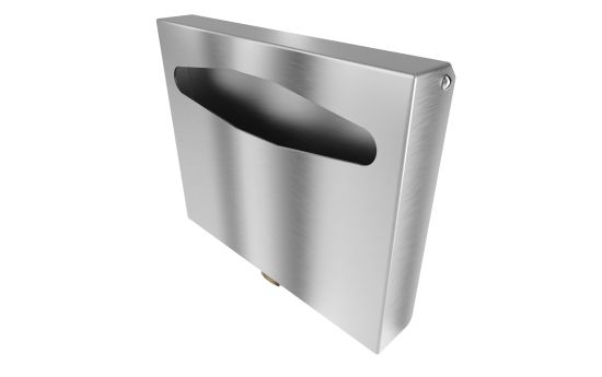 Front view of vandal resistant stainless steel toilet seat cover dispenser