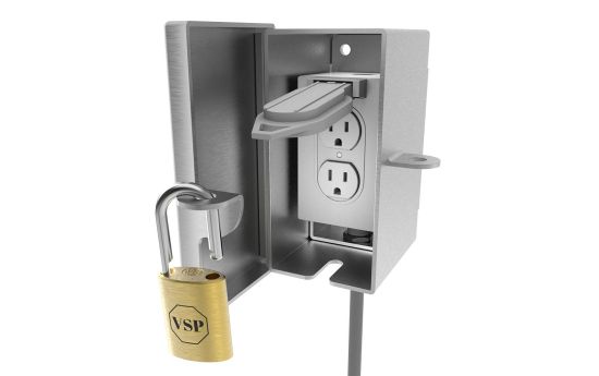 Front view open showing internal compartment for outlet box