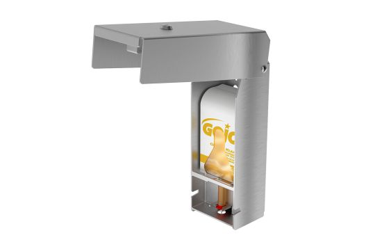 Dispenser open showing installed GoJo 800ml boxed soap cartridge