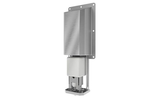 Dispenser open showing refillable 800ml soap bottle installed