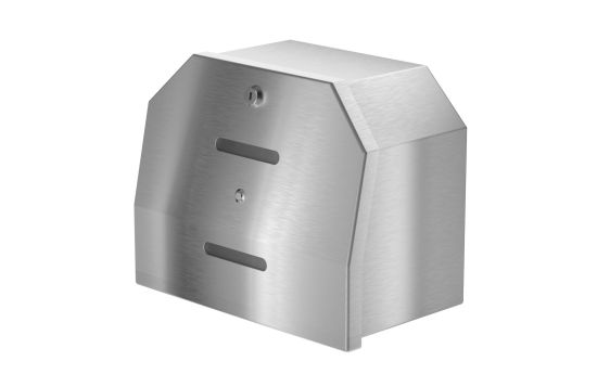 Front view closed stainless steel toilet paper dispenser