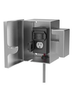 Open view showing single gang duplex outlet and conduit access