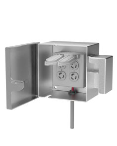 Open view showing double gang duplex outlet installed inside stainless enclosure