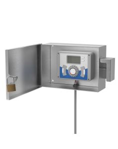 Open sprinkler lock box with timer mounted and conduit connected