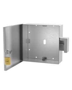 Open lock box showing large 12x12 interior compartment with secure backplate