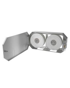 Interior layout of the dispenser showing roll placement and paper compatibility