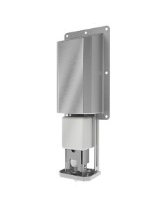 Dispenser open showing refillable 800ml soap bottle installed