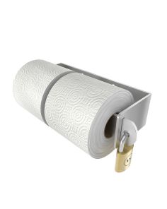 Non-shrouded stainless steel two roll toilet paper dispenser with padlock front isometric view