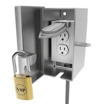 Front view open showing internal compartment for outlet box