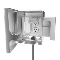 Front view open showing dual receptacle space for double gang box