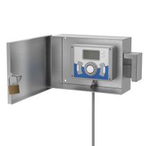 Open sprinkler lock box with timer mounted and conduit connected