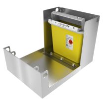 Sharps enclosure open with Covidien container installed