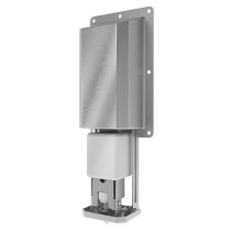 Dispenser open showing refillable 800ml soap bottle installed