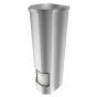 Isometric view of vertical stainless steel 4-roll toilet paper dispenser with padlock.