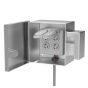 Open view showing double gang duplex outlet installed inside stainless enclosure